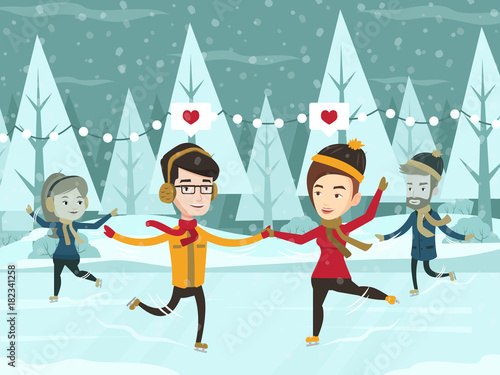 Two happy caucasian white couples ice skating outdoors on a pond on a snowy winter day