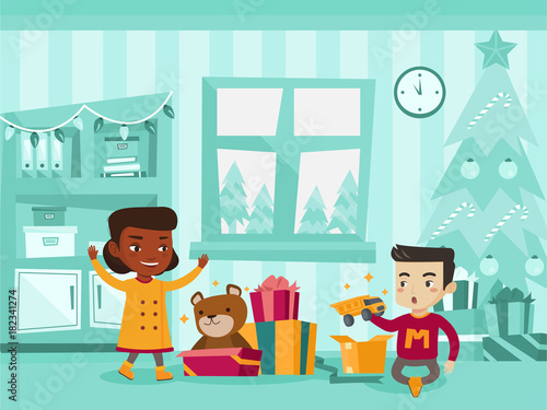 Two excited biracial sister and brother opening Christmas gifts under a Christmas tree on Christmas eve at home. Caucasian white and African kids unwrap christmas presents. Vector cartoon illustration