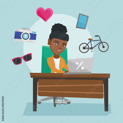 Young african-american woman sitting in front of laptop and images of goods flying around her. Woman doing online shopping. Woman buying purchases online. Vector cartoon illustration. Square layout.