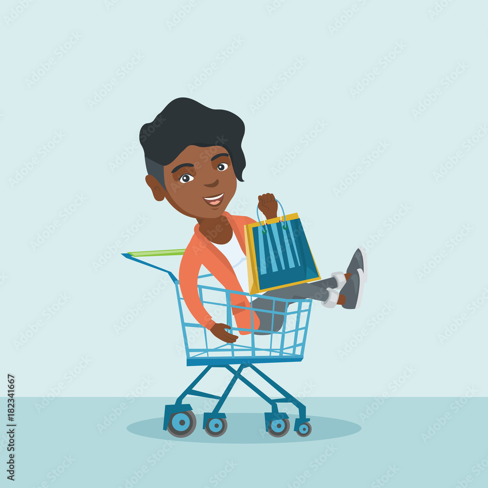 Young african-american woman having fun while riding in a shopping cart. Cheerful carefree woman with a lot of shopping bags sitting in a shopping cart. Vector cartoon illustration. Square layout. Young african-american woman having fun while riding in a shopping cart. Cheerful carefree woman with a lot of shopping bags sitting in a shopping cart. Vector cartoon illustration. Square layout.