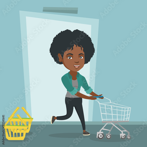 Young african-american woman running into the shop with an empty shopping cart. Woman rushing to shopping. Cheerful woman pushing an empty supermarket cart. Vector cartoon illustration. Square layout.