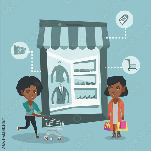Two african-american women walking in the store that looks like a tablet computer. Young happy women doing online shopping. Women using mobile shopping. Vector cartoon illustration. Square layout.