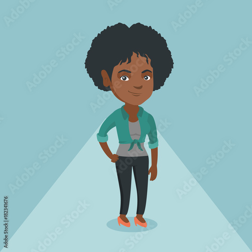 African-american woman posing on the catwalk on fashion event. Female model standing on the catwalk during fashion week. Vector cartoon illustration. Square layout.