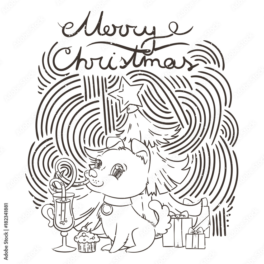 Fototapeta premium Golden dog with the cup of mulled wine and a cake. New Year symbol of 2018.