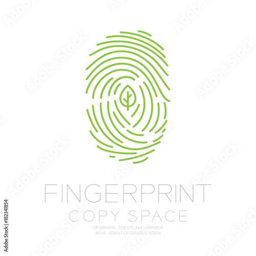 Fingerprint scan set with leaf symbol concept idea illustration isolated on white background, and Fingerprint text with copy space