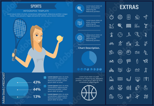 Sports infographic template, elements and icons. Infograph includes customizable graphs, charts, line icon set with sport equipment, sports field, competitive games, champion pedestal, athlete etc.