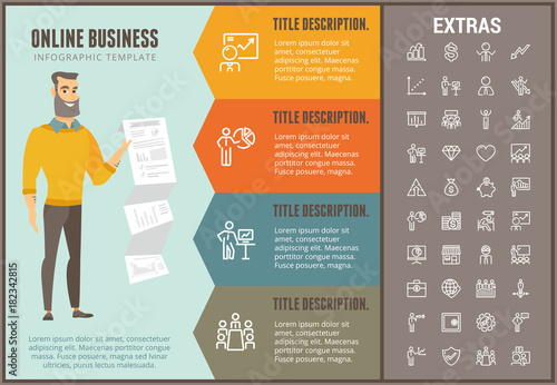 Online business infographic options template, elements and icons. Infograph includes line icon set with money, online market, business person, mobile shop, global network, marketing analytics etc.