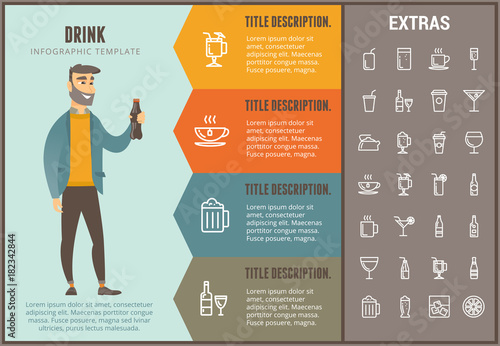 Drink infographic options template, elements and icons. Infograph includes line icon set with bar drinks, alcohol beverage, variety of glasses and bottles, non-alcoholic beverages, hot drinks etc.