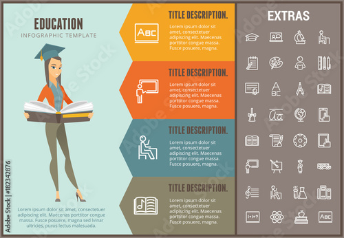 Education infographic options template, elements and icons. Infograph includes line icon set with education certificate, university student, library book, college diploma, class board, school desk etc