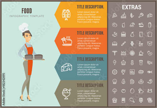 Food infographic options template, elements and icons. Infograph includes line icon set with food ingredients, restaurant meal, fruit and vegetable, sweet snack, fast food, eat plan, fish, cheese etc.