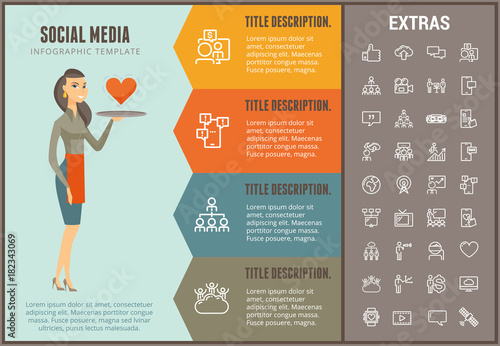 Social media infographic options template, elements and icons. Infograph includes line icon set with network connection, electronic mail, internet technology, organization chart, satellite etc.