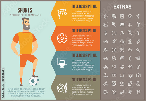 Sports infographic options template, elements and icons. Infograph includes line icon set with sport equipment, sports field, competitive games, pedestal, leisure activities, training exercise etc.