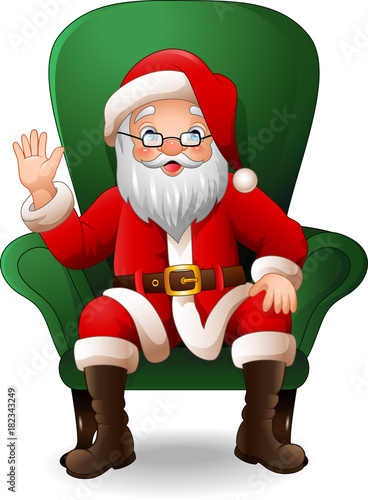 Cartoon santa claus sitting in green armchair on a white background