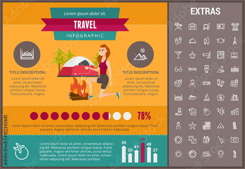 Travel infographic template, elements and icons. Infograph includes customizable graphs, charts, line icon set with tourist attraction, luggage cart, travel planning, holiday vacation, traveler etc.