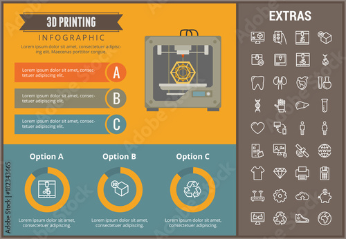 3D printing infographic template, elements and icons. Infograph includes customizable graphs, charts, line icon set with 3D printer, products of 3D innovation technologies, printing machine etc.
