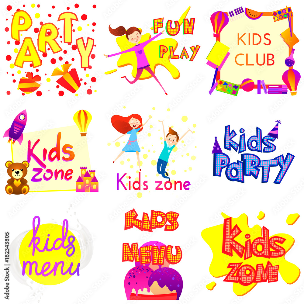 Kids Zone banner design set isolated over white. Cartoon style. Children Playground, Menu, Party, Club logos. Vector. Fun child character. Girls and boys with toys. Advertising template brochure.