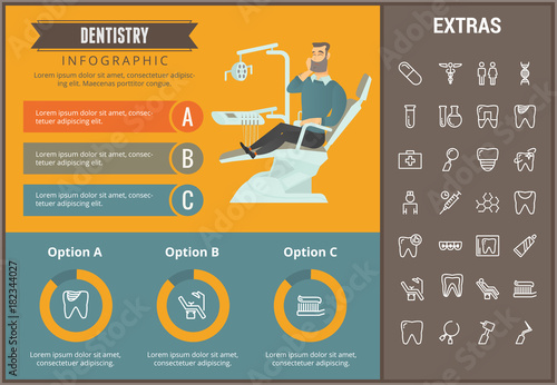 Dentistry infographic template, elements and icons. Infograph includes customizable graphs, charts, line icon set with dentist tools, dental care, tooth decay, teeth health, medicine chest etc.