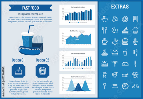 Fast food infographic template, elements and icons. Infograph includes customizable graphs, charts, line icon set with fast food, a piece of pizza, sweet snacks, restaurant meal, unhealthy meal etc.