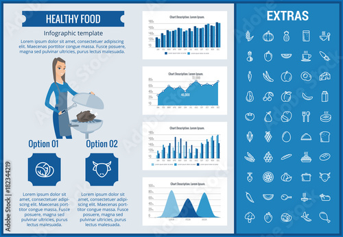 Healthy food infographic template, elements and icons. Infograph includes customizable graphs, charts, line icon set with food plate, restaurant meal ingredients, eat plan, fish, vegetables, meat etc.