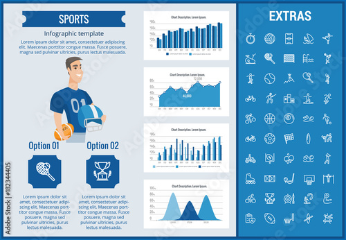 Sports infographic template, elements and icons. Infograph includes customizable graphs, charts, line icon set with sport equipment, sports field, competitive games, champion pedestal, athlete etc.