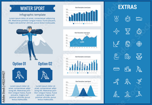 Winter sport infographic template, elements and icons. Infograph includes customizable graphs, charts, line icon set with sport equipment, winner trophy, team games, champion pedestal, athlete etc.