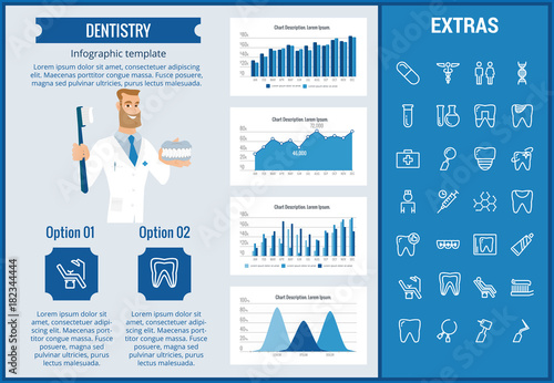 Dentistry infographic template, elements and icons. Infograph includes customizable graphs, charts, line icon set with dentist tools, dental care, tooth decay, teeth health, medicine chest etc.