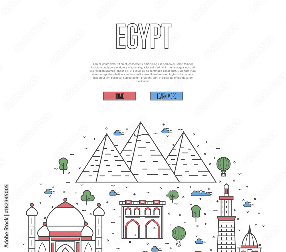Egypt travel tour poster with national architectural attractions. Egyptian famous landmarks and traditional symbols on white background. Touristic advertising vector layout in trendy linear style.
