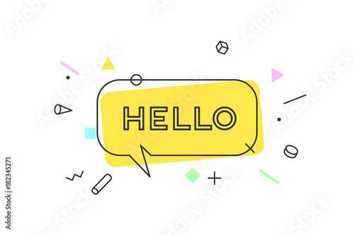 Hello. Banner, speech bubble, poster and sticker concept, geometric memphis style with text Hello. Icon message Hello cloud talk for banner, poster, web. White background. Vector Illustration photo