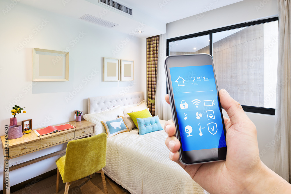 smart phone with smart home with modern bedroom smart phone with smart home with modern bedroom