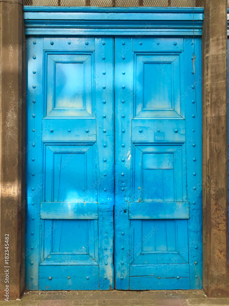 12 Foot Antique Blue Wooden Riveted Door 