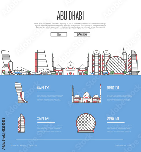 Abu Dhabi city travel vacation guide with most important architectural attractions in linear style. Abu Dhabi skyline with famous landmarks. Arab Emirates traveling, middle east journey vector concept