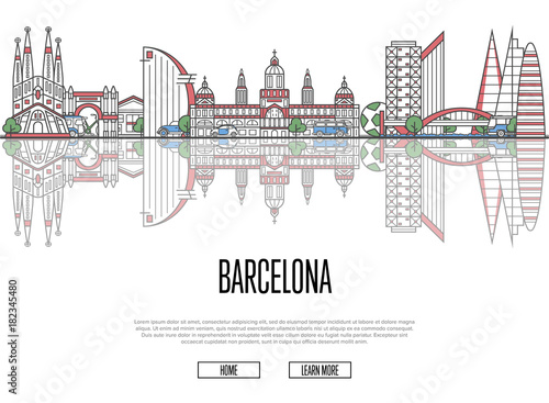 Travel Barcelona poster with famous architectural attractions in linear style. Spanish traveling and time to travel concept. Barcelona landmarks, city skyline, european tourism vector background