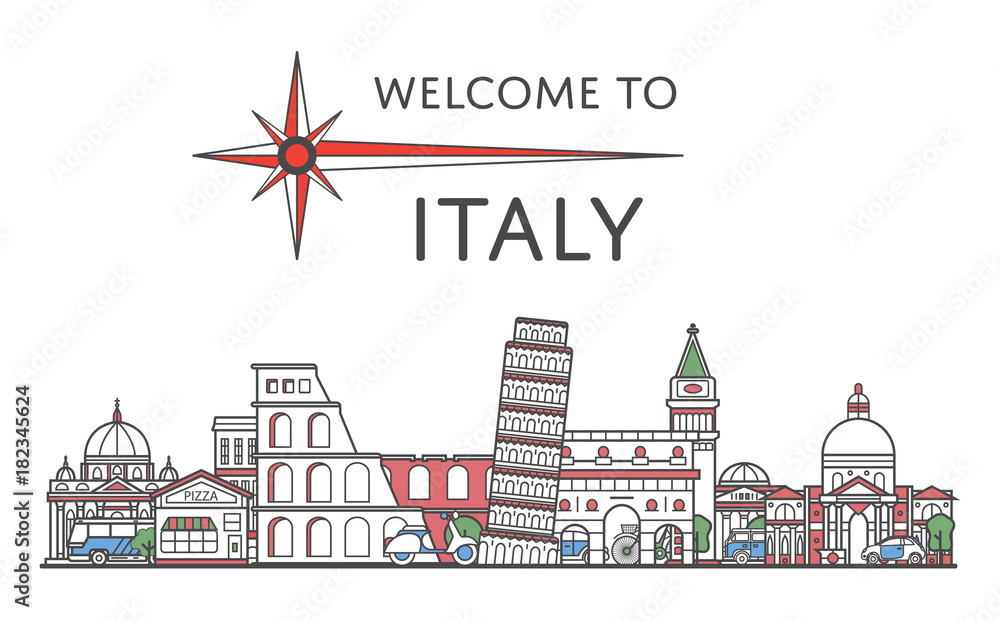 Welcome to Italy poster with famous architectural attractions in linear style. Worldwide traveling and time to travel concept. Italian national landmarks, global tourism and journey vector background.