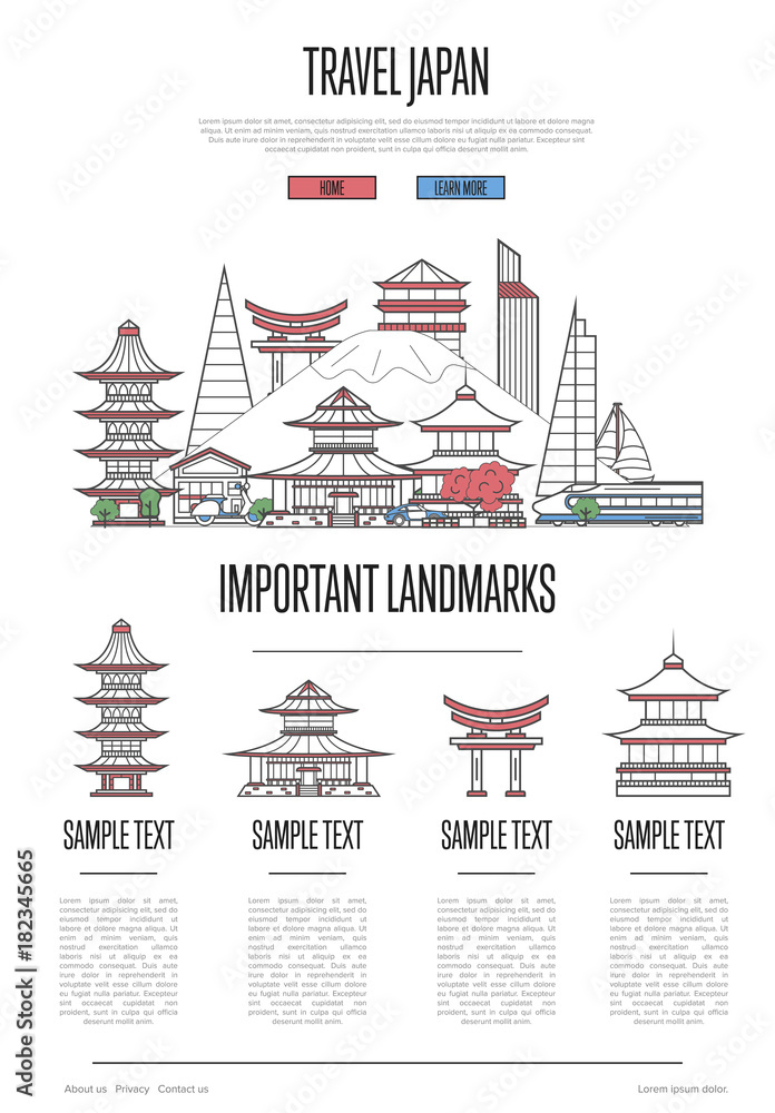 Japan travel infographics with most important architectural attractions in trendy linear style. Japanese national landmarks on white background. Worldwide traveling and journey vector concept.