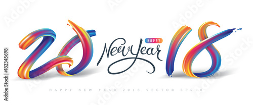 2018 New Year calligraphy with colorful brushstroke oil or acrylic paint design element for greeting card, flyers, leaflets, postcards and posters. Vector illustration.