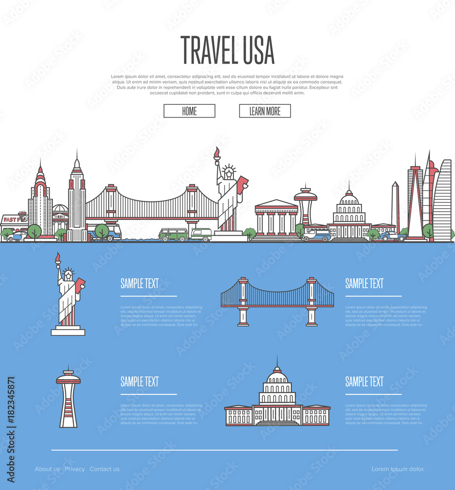 Fototapeta premium Country USA travel vacation guide with most important architectural attractions in trendy linear style. American skyline with national famous landmarks. Worldwide traveling and journey vector concept.