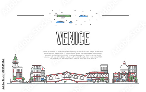Travel Venice poster with famous architectural attractions in linear style. Worldwide traveling and time to travel concept. Venetian landmarks, city skyline, italian tourism vector background.