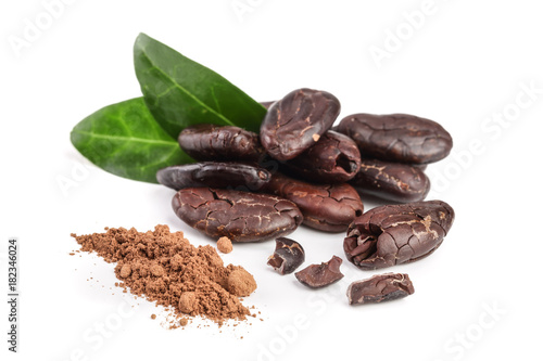 peeled cocoa bean with leaf and cocoa powder isolated on white background