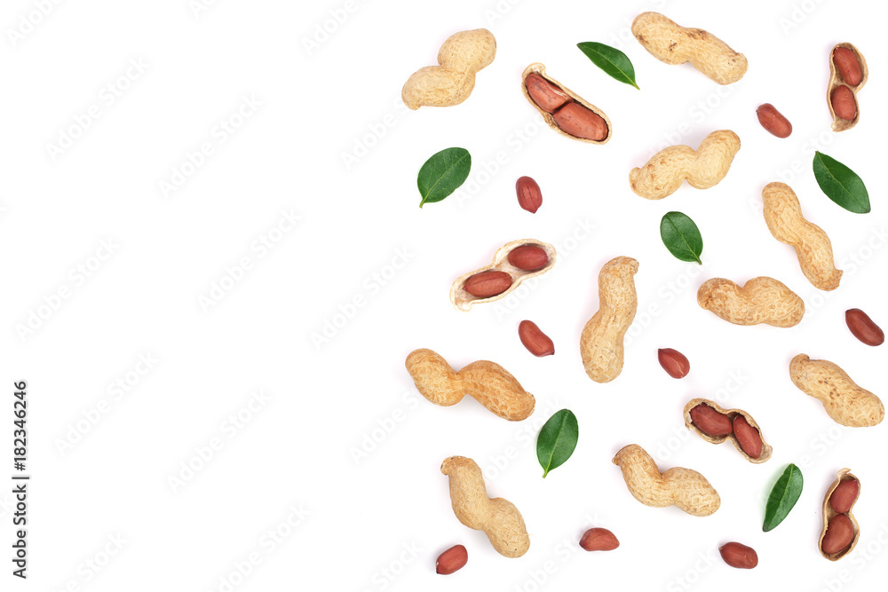 Peanuts with shells isolated on white background with copy space for your text, top view. Flat lay pattern Peanuts with shells isolated on white background with copy space for your text, top view. Flat lay pattern