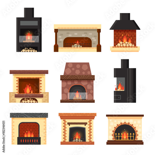 Vector set different colorful home fireplaces with fire and firewood isolated on white background. Design elements for room interior in flat style - stock illustration