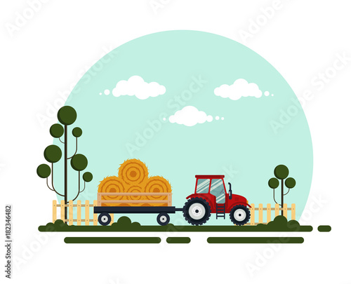 Flat red tractor with a cart hay. The agricultural machinery transports for farm with haystack - vector illustration. Farming landscape