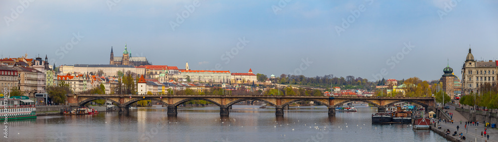 Obraz Wide panoramic view of Vltava river in Prague and Charles bridge and the Castle, Czech Republic