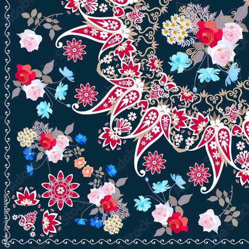 Quarter shawl with paisley ornament and bunches of garden flowers in russian style. Beautiful vector illustration.