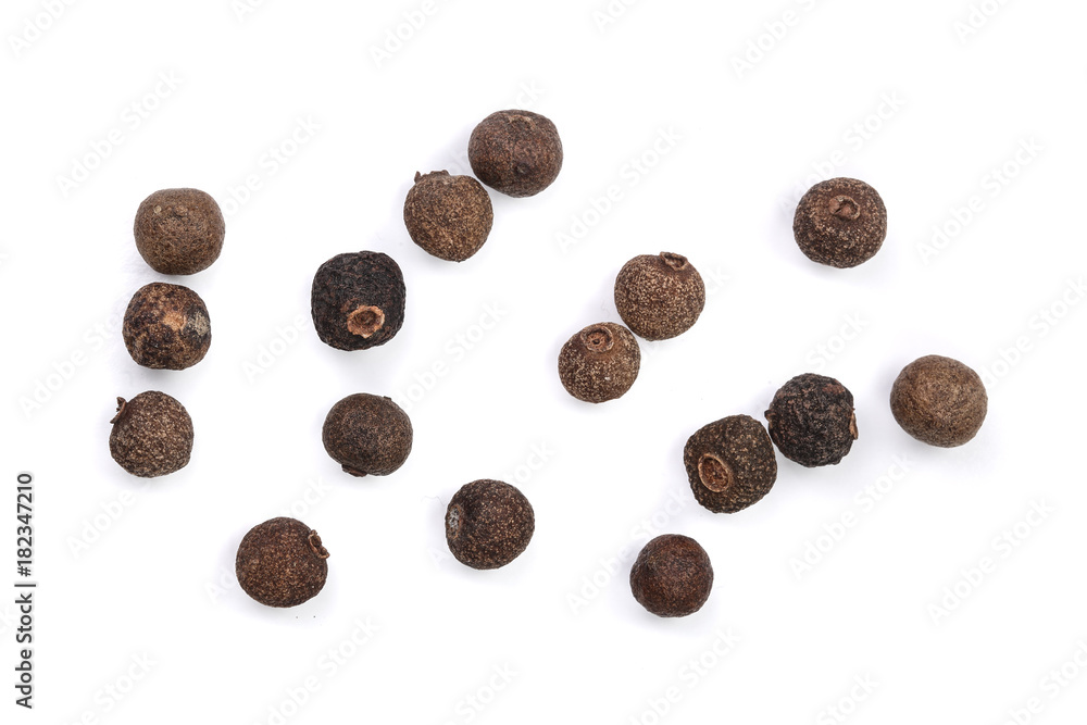 Allspices or Jamaica pepper isolated on white background. Top view - obrazy, fototapety, plakaty 