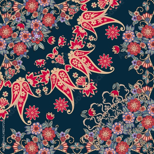 Quarter of the ethnic russian bandana print with floral border. Silk neck scarf with beautiful bouquets and paisley. Summer kerchief square pattern. Vector illustration.