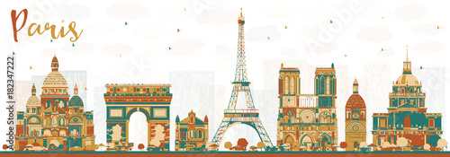 Paris France Skyline with Color Landmarks.