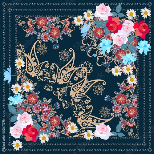 Vintage greeting card or beautiful doily with paisley and bunches of garden flowers. Vector illustration in russian style.