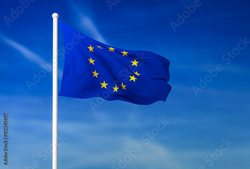 Waving flag of European Union on the blue sky background