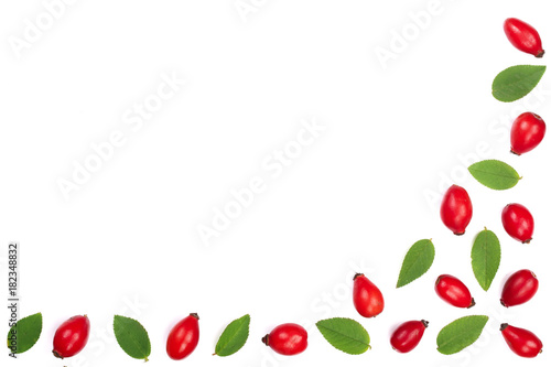 rosehip berries isolated on white background with copy space for your text. Flat lay pattern. Top view
