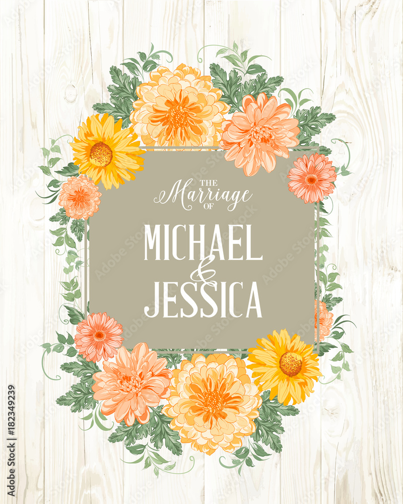 Marriage invitation card with custom sign and flower frame over wooden background. Vector illustration. Marriage invitation card with custom sign and flower frame over wooden background. Vector illustration.